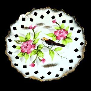 Vintage JAPAN Trimont Hand painted cake stand Bird Gold Trim Porcelain Lattice